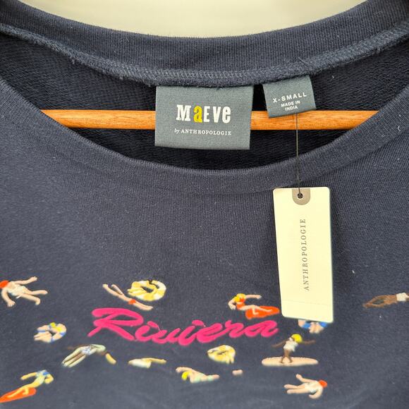 ANTHROPOLOGIE NWT Maeve Embroidered Riviera Short Sleeve Navy Sweatshirt // S - Picture 7 of 15